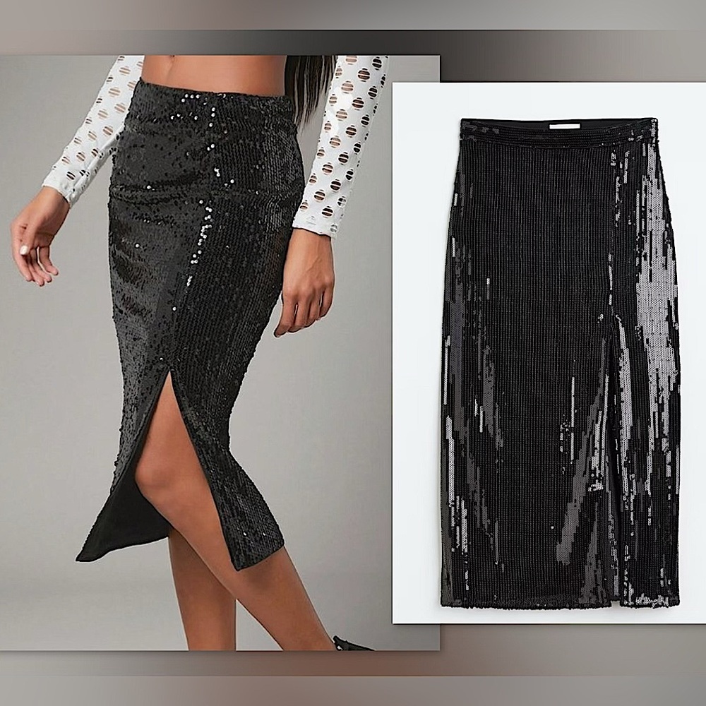 ♠️H&M Calf-length Midi Skirt in Black Sequined Mesh with Front Slit, 10, NWT✨